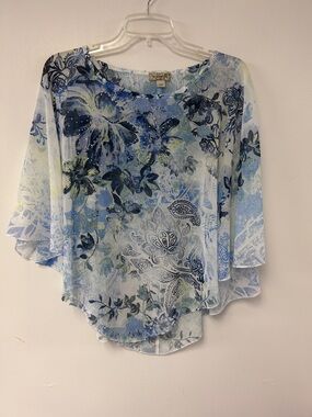 ONE WORLD Blue Floral Sheer Pull Over Shawl / Cape